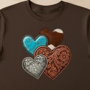 Western Heart Graphic Tee Cowhide Turquoise Leather Silver Boho Country Shirt